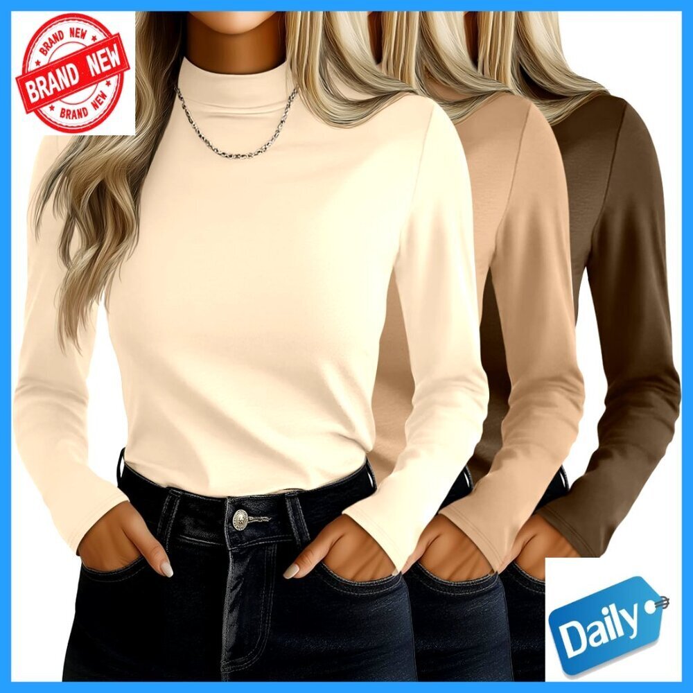 Slim Fit Mock Neck Long Sleeve Tees, 3 Pack Stretch Tops for Layering